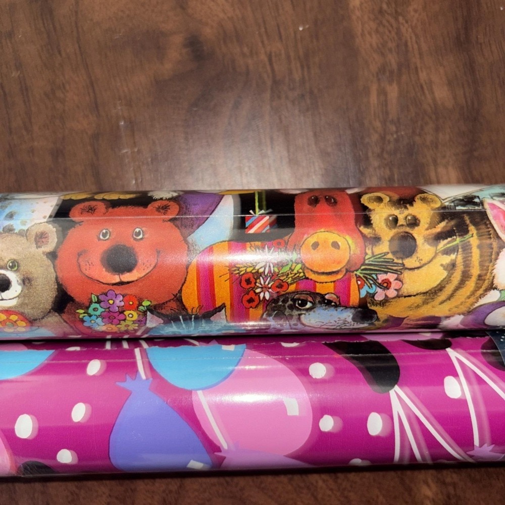 Lot of 2 Vtg Nobel Hall Premium Coated Heavyweight Gift Wrapping Paper Animals